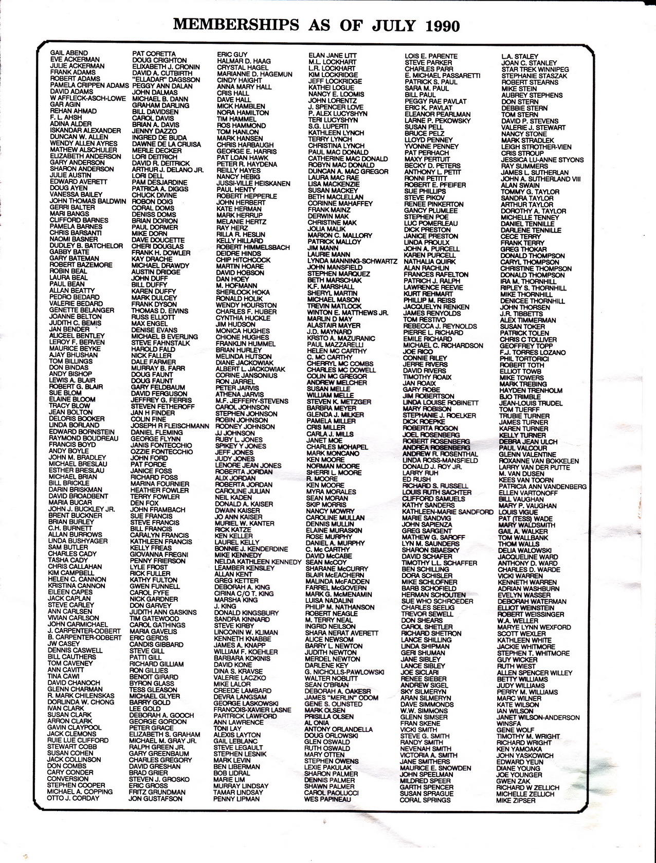 July 1990 Worldcon registration list